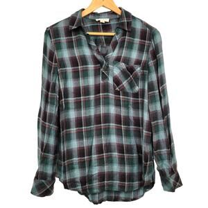 beachlunchlounge Top Women's Small Plaid Popover Long Sleeve Split Neck Collar